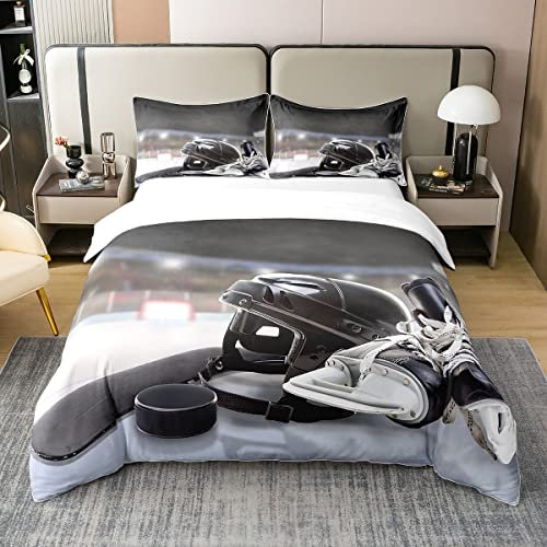100% Bio Baumwolle Eishockey Bettbezug für Kinder Jungen Mädchen,Hockey Spieler Bettwäsche Set,Wintersport Spiele Tröster Abdeckung 135x200,Helm Skates Skater Bett Sets mit1 Kissenbezug Zipper&Ties