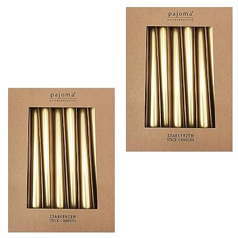 Stabkerzen 20er-Set | Metalic - Gold | Höhe 25 cm ø 2,2 cm | Brenndauer 7 Stunden - Premium Qualität | einfarbige Spitzenkerzen | pajoma