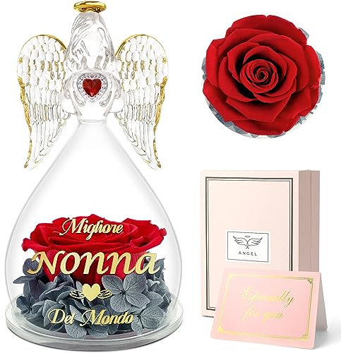 Sunia Regalo per Nonna, Rosa Eterna Angel stampata con Migliore Nonna del Mondo, Idee Regalo Donna Originali, Rose Stabilizzata Vera con Angelo di Vetro, Regalo Festa della Nonna Compleanno Natale