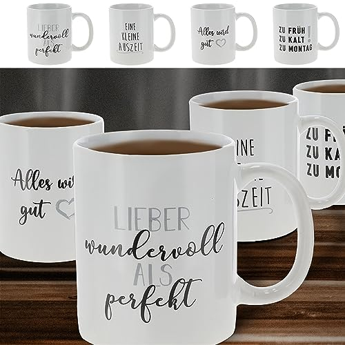 Cepewa Kaffeebecher | 13x9x9cm Emaille Eisen Metall weiß 450 ml | Henkelbecher mit Motive (1 x 4er Set Kaffeetasse Sprüche)