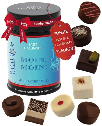 Hallingers Genuss Manufaktur Pralinen Geschenk - ohne Alkohol, handmade aus Confiserie-Edelkakao in wertiger Geschenkdose Moin Moin, Geschenkidee für Nordlichter