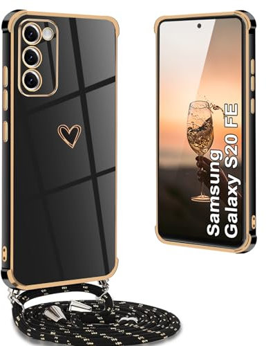 Yutwo Hülle Samsung S20 FE 4G mit Band, Handyhülle Samsung S20 FE 5G mit Band Stoßfeste Handykette Samsung S20 FE mit Herz Love Design Schutzhülle für Samsung Galaxy S20 FE 4G/5G, Schwarz