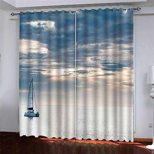 3D Verdunkelungsvorhang Blauer Himmel Meer Segelboot Schwerer Verdunkelungsvorhang Thermovorhang Lichtdicht Für Wohnzimmer Schlafzimmer Küche Kinderzimmer Junge Mädchen Zimmer 2 X 300 X 280-8X3F-V5X