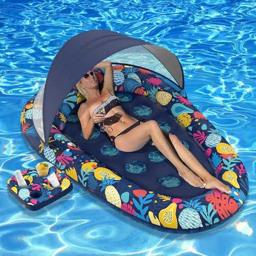 Große Pool Luftmatratze,Luftmatratze Pool Erwachsene,mit Sonnendach Entfernbar,Getränkehalter,SPF 50+,Pool Zubehör,Aufblasbares Schwimmbett,Wasserspielzeug für Erwachsene und Kinder