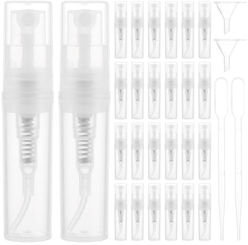 MUXHEL Juego de 80 mini atomizadores de perfume, 2 ml, mini botella de spray, rellenable, atomizador rellenable, 6 pipetas de transferencia de 1 ml, 2 embudos, 2 bombas de plástico