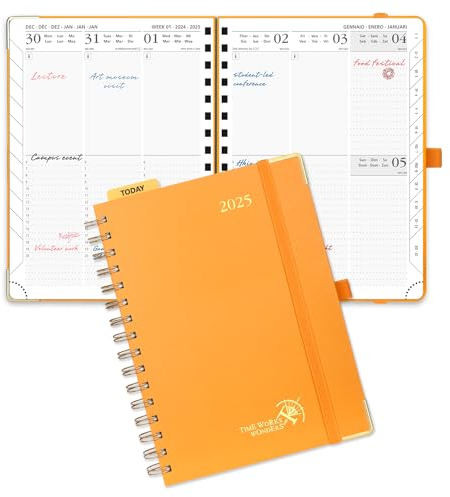 POPRUN Kalender 2025 Buchkalender Ringbuch mit Hardcover, ca. A5 (21,5 x 16 cm), 12-Monate-Terminplaner (Jan.2025-Dez.2025), Wochenplaner 2025 mit 100 GSM Elfenbeinpapier - Orange