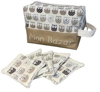 Trousse de toilette personnalisée + 5 GANTS DE TOILETTES ENFANT lavables CHOUETTE (BEIGE)