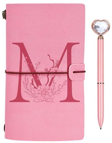 Regalo Diario in Pelle Iniziale, Diario di Viaggio Rosa, Taccuino in Pelle Rifillabile con Penna Diamante Cuore, Idee Regalo Compleanno, Ringraziamento, Natale per Donne Ragazze Amica Scrittori M