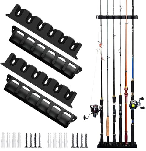 Fishing Rod Holders Wall-Mounted 2 Pairs, Simple Deluxe Fishing Pole Holder & Rack Store up to 12 Rods or Combos for Garage & Boat (Vertical, Black)