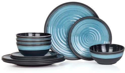 Vajilla de melamina para camping para 4 personas, 12 piezas, apta para lavavajillas, vajilla de pícnic, vajilla de camping, diseño azul piedra