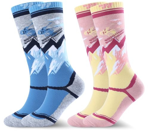 West Biking: Kinder Skisocken - 2 Paar Dicke Thermosocken, Merinowolle, Warme Socken für Kaltes Wetter, Skifahren und Wandern, 6-15 Jahre, Ski Blau + Ski Rosa