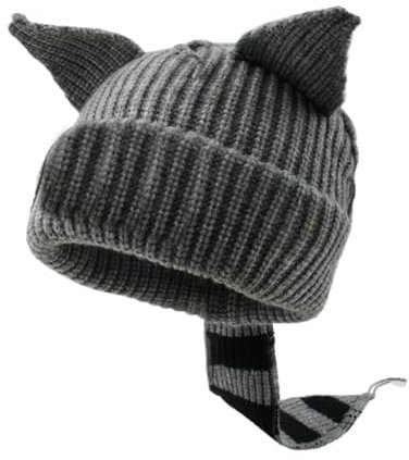 WUODHTW Strickmütze, niedlicher Hase, lange Ohren, lustige Mütze, flauschige Wintermütze, warm, Kaninchen, gehäkelt, Totenkopfmütze, Halloween, Hip-Hop-Mütze, Grau, Einheitsgröße