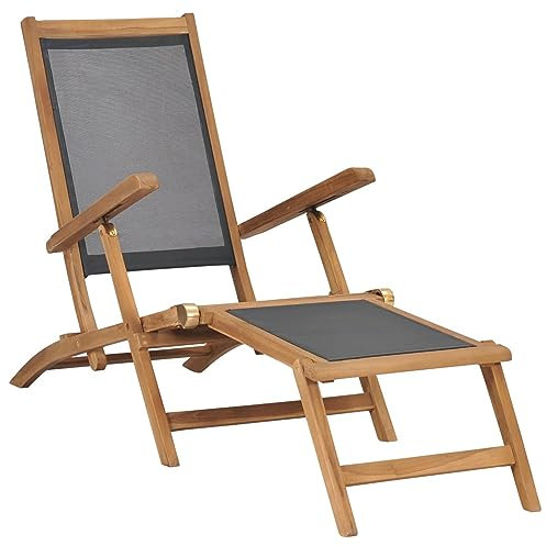 Homgoday Chaise longue avec repose-pieds en bois de teck massif Noir