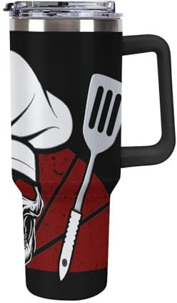40 Oz Skull Knife Chef Hat 1 Car Cup Tumbler con manico, 2 in 1 cannuccia e coperchio per sorseggiare, a prova di perdite, grande capacità, in acciaio inossidabile, tazza da viaggio per caffè, si adat