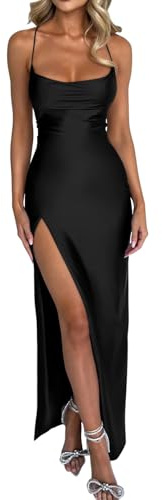 Memoriesea Women's Sexy Spaghetti Strap Bodycon Cowl Neck Party Cocktail Maxi Dress Black