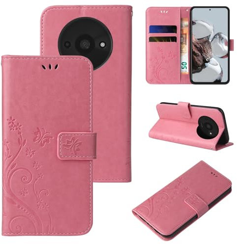 LBH Étui de protection pour téléphone portable Xiaomi Redmi A3 - Motif papillon, fleurs et fleurs - Fonction support - Magnétique - Protection complète à 360 degrés - Or rose