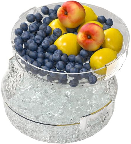 Vurlexat Fruit Chilled Veggie Tray, Ice Serving Tray with Buckle and Lid, Removable Colding Food Platter Clear Snack Box Bowl with Draining Holes for Salad, Drinks, Fruits, Vegetables Colding Serving