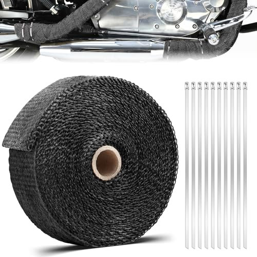 10M x 5CM Hitzeschutzband Auspuff, Auspuff Dichtband Bandage, Krümmer Hitzeschutzband mit 10 Kabelbinder Edelstahl für Auto Motorrad Auspuff Fächerkrümmer Thermoband, Schwarz