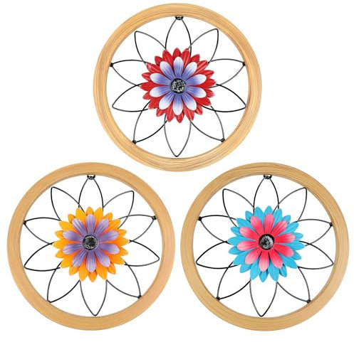 YiYa 3 Stück Rustikale Wanddeko Runde Bauernhof Metall Blumen Wanddeko Holz Boho Wand Deko für Outdoor Zäune Terrasse Wohnzimmer Bauernhaus Kinderzimmer