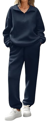 Yuson Girl Tuta Donna Completo Sportiva 2 Pezzi Invernale Tute da Casa Cotone Completa Palestra Felpata Tuta Ginnastica in Pile Foderato Felpa Mezza Zip e Pantaloni Fitness Casual(Blu Navy, L)