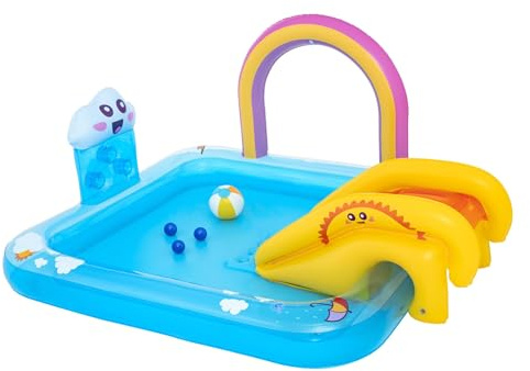Bestway Rainbows ‘N Rays Play Centre, Inflatable Kids Pool, Water Play Centre with Slide, Rainbow Sprinkler and Ball Games