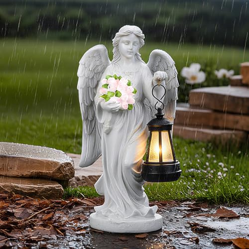 MUCOOS Engel Gartenstatuen, Grabschmuck Wetterfest: Grabengel, Außen Friedhof Deko, Wetterfeste Grabdeko aus Harz, Engel für Grab, Frostsichere Grabschmuck Wetterfest Dekoration, Grablicht
