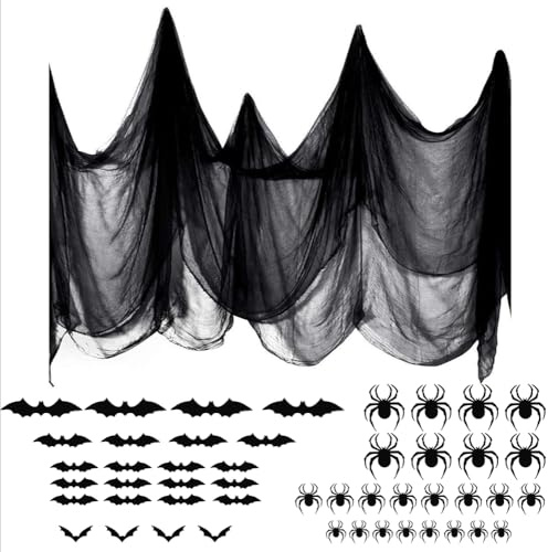 burkfeeg Halloween Schwarz Deko Horror Stoff, 215×800CM Gruselige Stoffe | mit 24 Fledermaus und Spinnen Aufkleber, Baumwolle Gaze Tuch für Spukhäuser Party Türen Vorhang Outdoor Dekoration