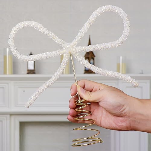Kunjocy Puntale per Albero di Natale, Fiocco in Vetro Bianco con Strass, Decorazione Natalizia Galvanica, 25 cm