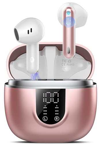 2026 Cuffie Bluetooth 5.4, Auricolari Bluetooth 45Ore, Cuffie Wireless In Ear HiFi Stereo cor LED Display, Cuffie Senza Fili Cancellazione Rumore, Cuffiette Sport IP7 Impermeabili, Headphones Oro rosa