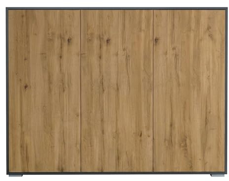 InnoFurn Highboard Elena M2, Aktenschrank mit Push-to-Open, Made in Germany, Moderner Schrank für Wohnzimmer Büro Anthrazit matt/Eiche Evoke (152,5 x 118 x 37 cm)