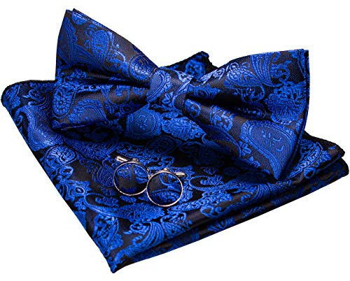 JEMYGINS Blau Paisley Fliege und Einstecktuch mit Manschettenknöpfe Sets für Herren (Blau2)