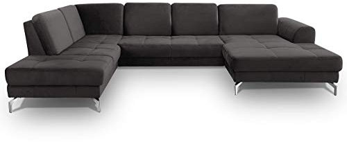 CAVADORE Wohnlandschaft Benda / Große Sofagarnitur mit XL-Longchair rechts & Federkern / Inkl. Sitztiefenverstellung / 332 x 87 x 226 / Samt: Grau