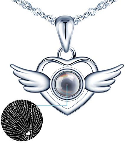 MicLee Damen Halskette I Love You 100 Sprachen Ich Liebe Dich Projektion Love Kette Flügel Herz Anhänger Liebesgeschenk Valentinstag Weihnachten Geschenk für Frau Freundin