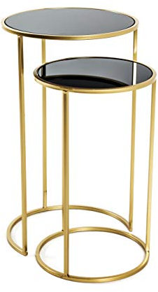 HAKU Möbel Lot de 2 Tables d'appoint Or, Noir, métal, Verre trempé - Dim.: H 50/60 cm x Ø 30/35 cm, Style: Glam