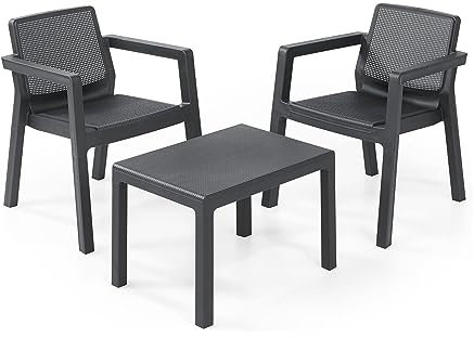Allibert by Keter Emily 3-teiliges Balkonmöbel Set aus Kunststoff, für Garten und Balkon, Gartentisch & 2 Gartenstühle, wetterfest, graphit