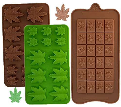 Essbare Silikonform in Blattform, Cannabis-Form, für Muffins, Kekse, Schokolade, Fondant, Grün und Braun, 3 Formen