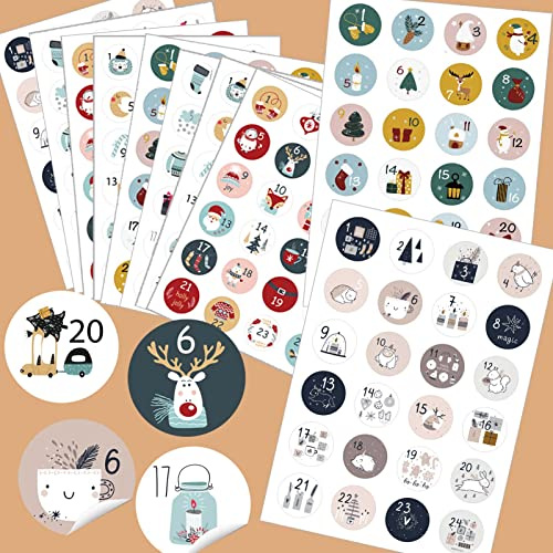 HERZWILD Adventskalender Zahlen Aufkleber 10 sets weihnachten Sticker Weihnachtsmotive selbstklebend Adventszahlen 1-24 zum Basteln und Dekorieren (10sets)