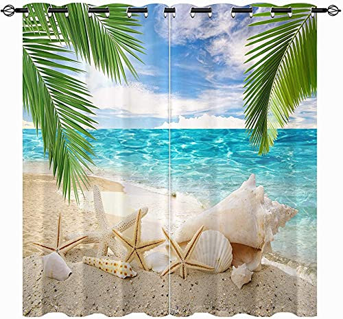 LKCD 2 Stück Verdunkelungsvorhänge, Strand Tropische Ozean-Palme 200X214Cm Blickdichter Vorhang Mit Ösen, Thermovorhang, Vorhang Mit Ösen, Verdunkelungsvorhänge Für Schlafzimmer, Wohnzimmer