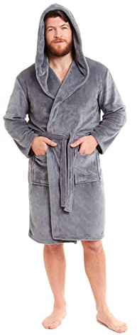 Toro Rocco Mens Hooded Robe Super Soft Long Flannel Fleece Bathrobe Dressing Gown For Men Bath Robes (Grey, XXL)