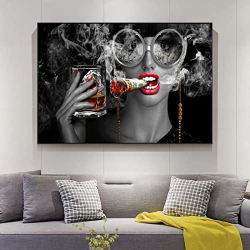 SXKJ Modernes Rauchendes Mädchen mit Weinglas Leinwand Malerei Frau Poster und Drucke Pop Wandkunst Bilder für Wohnzimmer Bar Dekor 70x100cm Rahmenlos