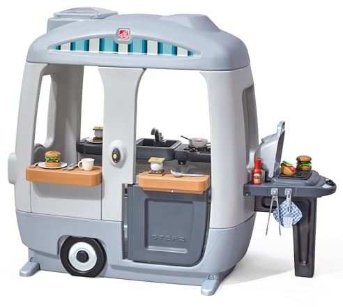 Step2 Adventure Camper Kids Playhouse, Indoor/Outdoor Playset with Kitchenette, Interactive Doorbell Sounds, 52-Piece Toy Accessories, Durable Plastic, For Toddlers 2+ Years