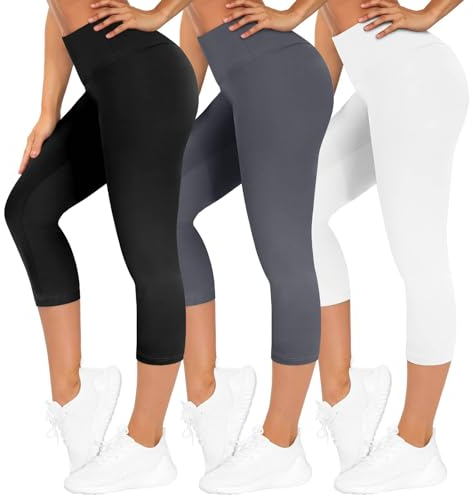 TNNZEET 3er Pack Capri Leggings Damen 3/4 für Sport, 7/8 Leggins High Waist Hose Sporthose für Gym Yoga(Schwarz/Dunkelgrau/Weiß,S-M)