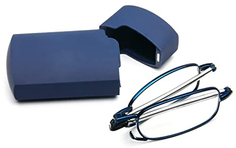 KoKoBin Faltbare Lesebrille aus Edelstahl Mini Anti-Blau Sehnhilfe für Damen und Herren Lesehilfe mit Hartschalen-Etui(Blau，+2.0)
