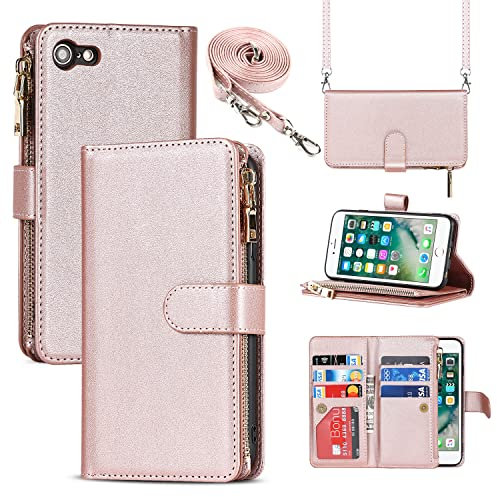 CAVOR Handykette Handyhülle kompatibel mit iPhone 7/8/SE 2020/SE 2022 Hülle Mit Band,Flip Leder Geldbörse Hülle Mit Kette,[9 Kartenfach][Magnetisch],Klapphülle Handytasche - Roségold