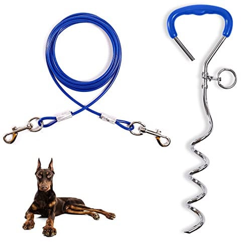 JETOP Heavy Duty Dog Stake & 10 ft Dog Chains, Steel Spiral Ground Dog Spike for Outdoor Yard and Camping, Dog Camping Accessories for Puppy Pet and Medium Dogs (176 lbs of pull) (Blue)