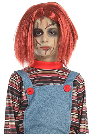 Carnavalife Perücke für Kostüm, Chucky, für Kinder, Chuki-Perücke, Diabolische Puppe, kurz, rot, orange, für Halloween Chucky-Kostüm, Rot