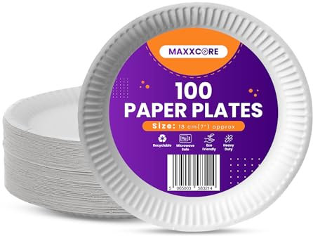MaxxCore Paper Plates 7 inch - 100-Pack Disposable Plates - Heavy Duty Paper Plates - Large Paper Plates - Disposable Dinner Plates for School, Office, BBQ, Restaurant - White Party Plates