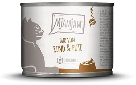 MjAMjAM - Premium Nassfutter für Katzen - Duo aus leckerem Rind & guter Pute an gedämpftem Kürbis, 1er Pack (1 x 200 g), getreidefrei mit extra viel Fleisch