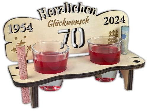 Urhome Schnapsbank mit Jahreszahl 70 Gravur zum Geburtstag, Jubiläum, Jahrestag aus Holz - 2 Schnapsgläser - 70 Jahre Hell Braun
