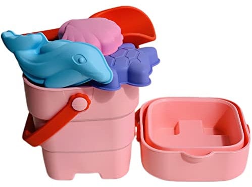Foldable Beach Bucket Toy Set (6 pieces) - Silicone Collapsible Beach Toys for Kids, Scrunch Bucket, Castle, Sea Animals Molds, Toddler Travel Sand Toys set, Sandbox Toy (Pink)